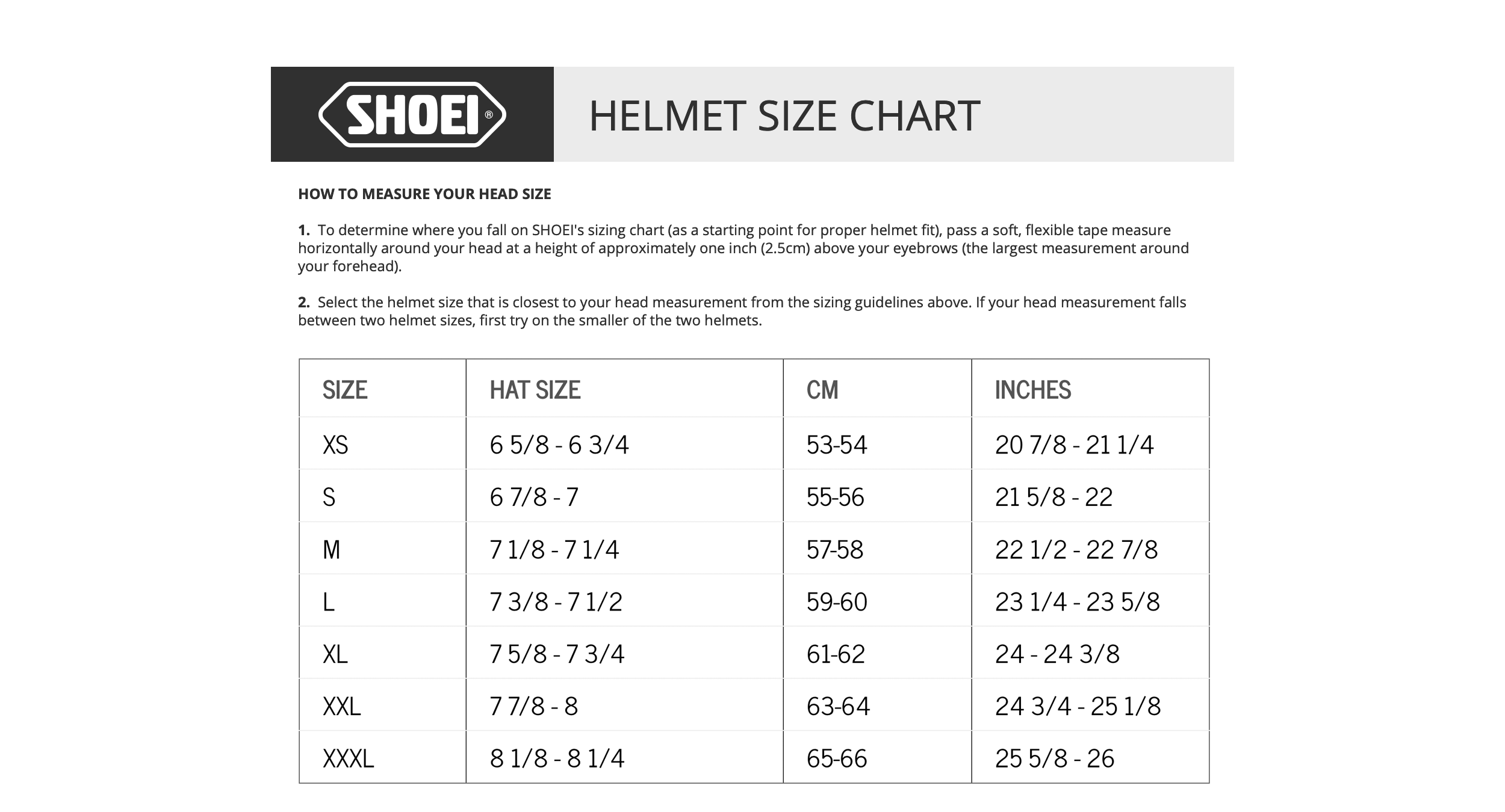 SHOEI SIZE CHART
