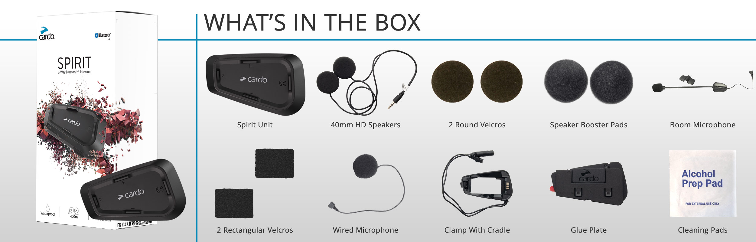 What comes in the box with the Cardo Spirit
