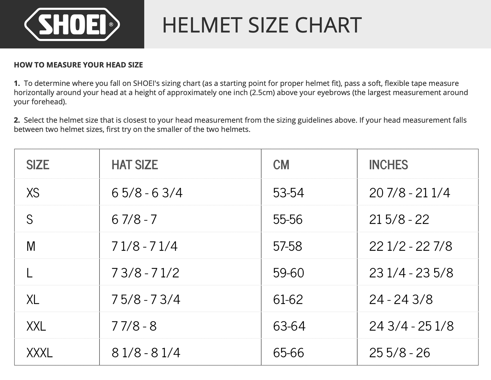 SHOEI SIZE CHART