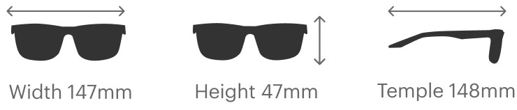 Rideley sizing: 147mm width, 47mm height, 148mm temple